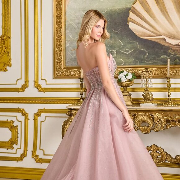 New Dusty Rose Strapless Tulle Gown w/ Beaded Boned Bodice & Leg Slit GL3668 - Picture 9 of 13